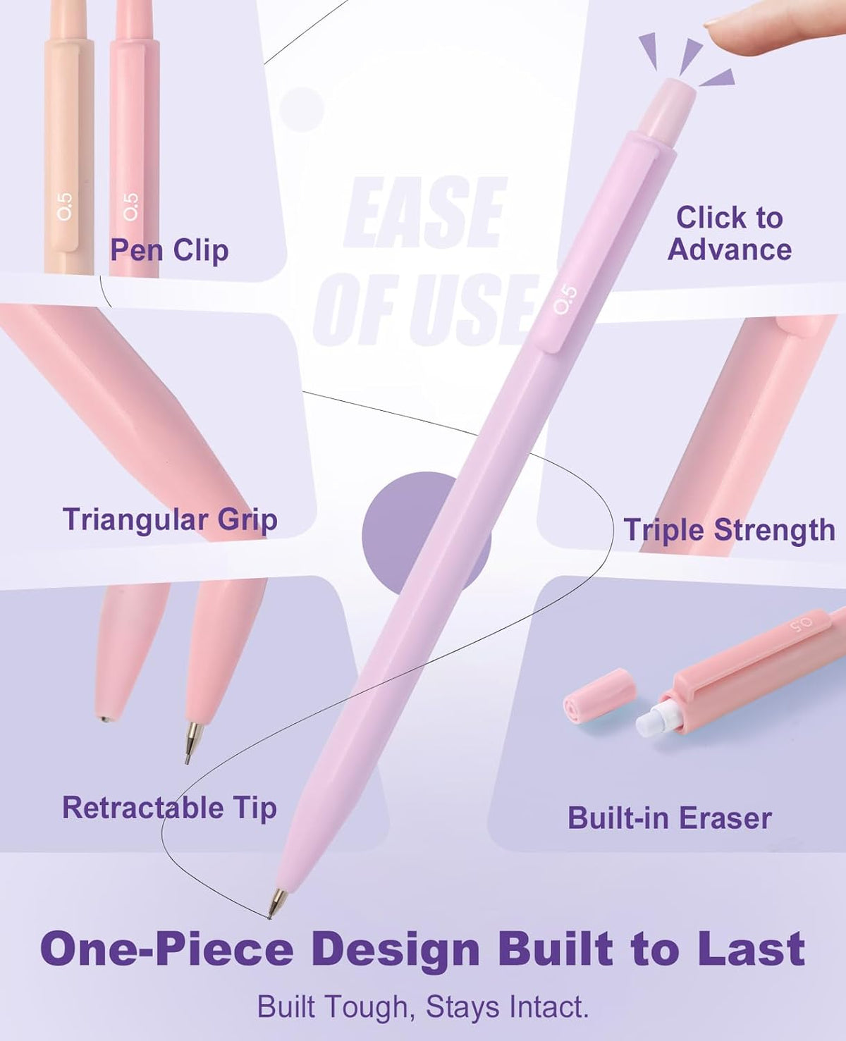 Aesthetic School Supplies with Cute Pencil Case, 12x Pastel Mechanical Pencils 0.5 & 0.7mm with 720x HB Leads, 4x Erasers and 1x Sticky Note, Suitable for Writing, Drafting Drawing Sketching(pink)