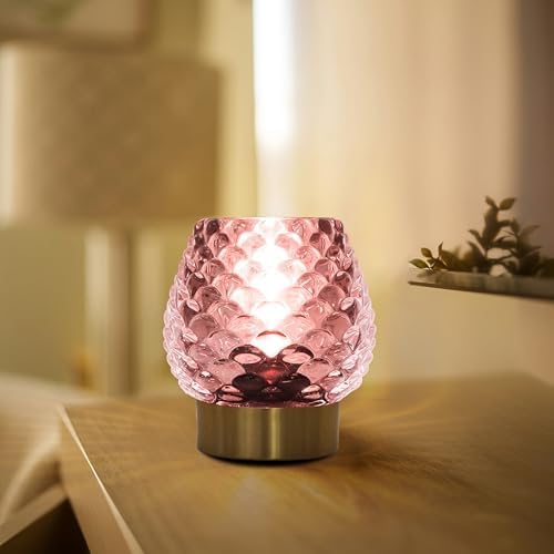 Small Table Lamp with Timer,Cordless Battery Operated Lamp with LED Bulb,Glass Battery Powered Lamp for Bedroom/Bathroom/Kitchen/Dining,Living Room Decoration for Corner,Bedside,Pink,1 Pack