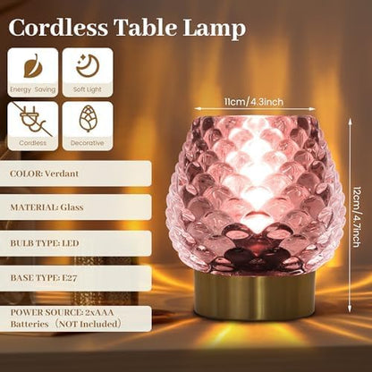 Small Table Lamp with Timer,Cordless Battery Operated Lamp with LED Bulb,Glass Battery Powered Lamp for Bedroom/Bathroom/Kitchen/Dining,Living Room Decoration for Corner,Bedside,Pink,1 Pack