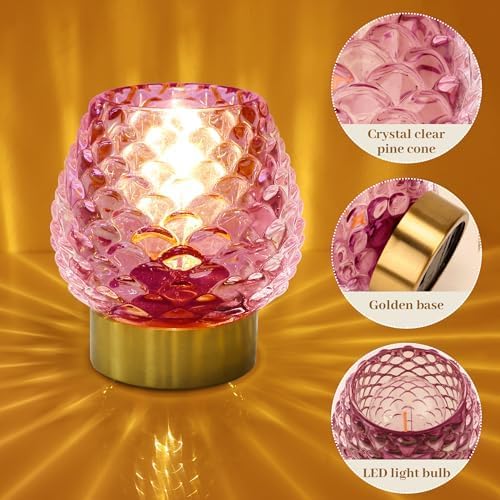 Small Table Lamp with Timer,Cordless Battery Operated Lamp with LED Bulb,Glass Battery Powered Lamp for Bedroom/Bathroom/Kitchen/Dining,Living Room Decoration for Corner,Bedside,Pink,1 Pack