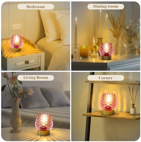 Small Table Lamp with Timer,Cordless Battery Operated Lamp with LED Bulb,Glass Battery Powered Lamp for Bedroom/Bathroom/Kitchen/Dining,Living Room Decoration for Corner,Bedside,Pink,1 Pack