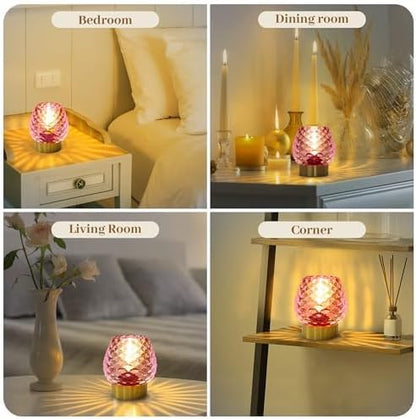 Small Table Lamp with Timer,Cordless Battery Operated Lamp with LED Bulb,Glass Battery Powered Lamp for Bedroom/Bathroom/Kitchen/Dining,Living Room Decoration for Corner,Bedside,Pink,1 Pack