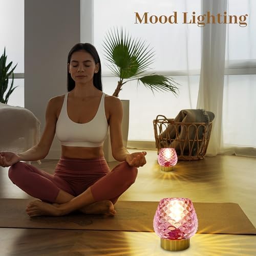 Small Table Lamp with Timer,Cordless Battery Operated Lamp with LED Bulb,Glass Battery Powered Lamp for Bedroom/Bathroom/Kitchen/Dining,Living Room Decoration for Corner,Bedside,Pink,1 Pack