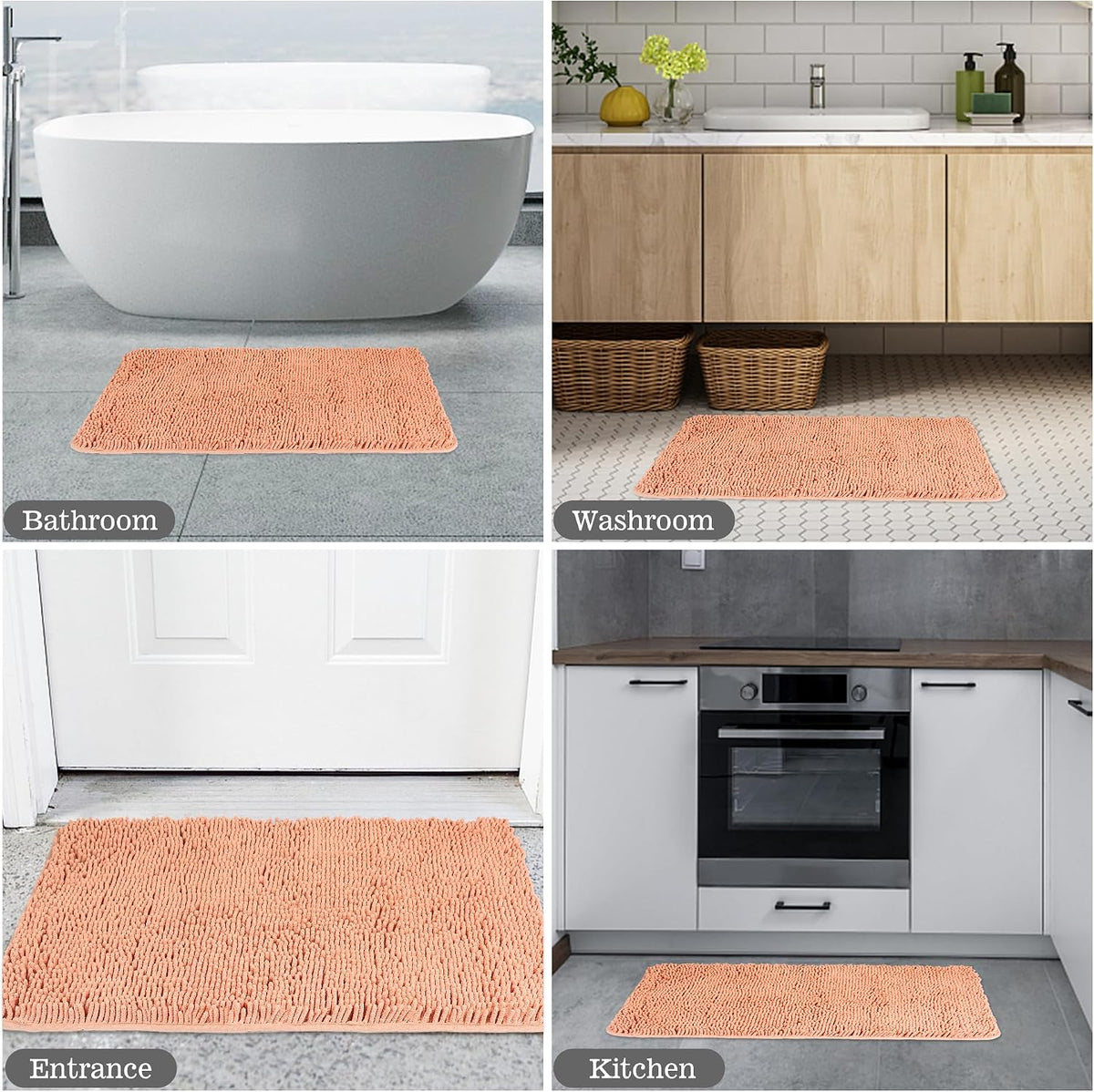 Chenille Dusty Pink Bathroom Rug 17"x24", Non-Slip Rubber Backing