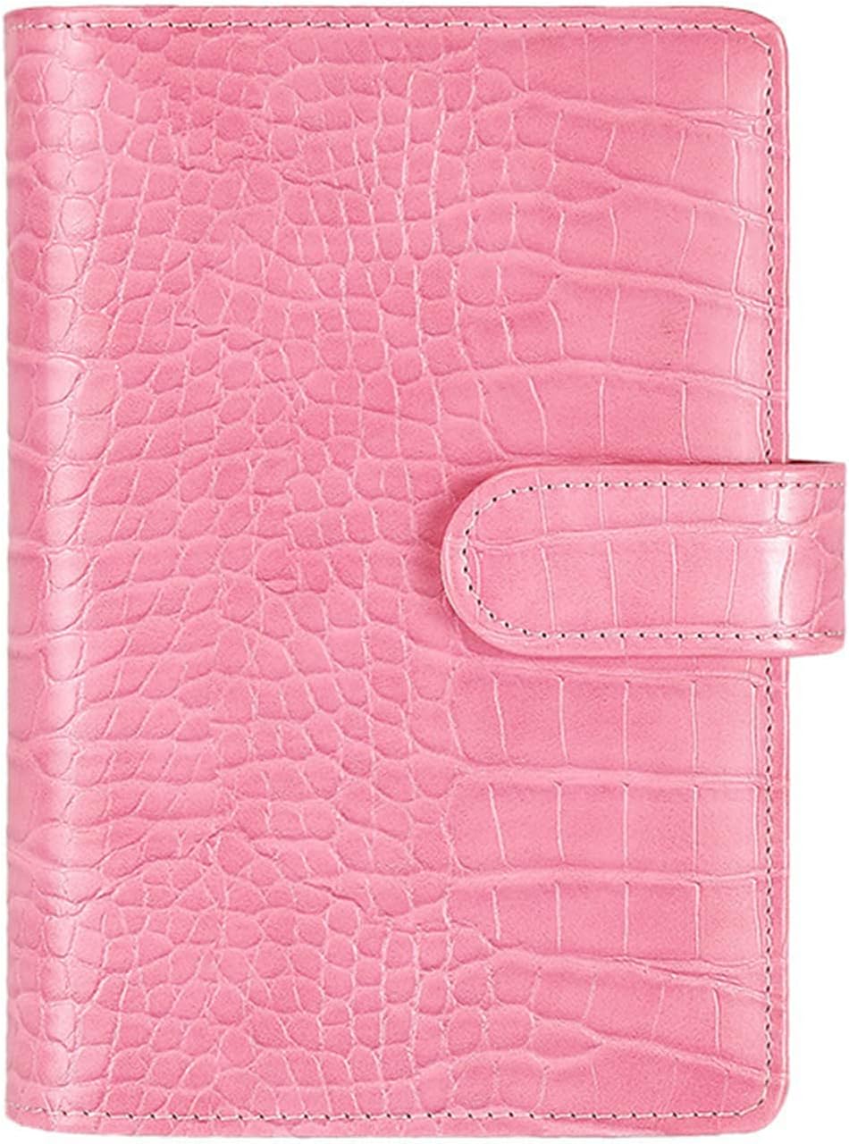 A6 6 Ring Budget Binder - Crocodile Pattern Leather Notebook Binder, Small Refillable Planner Cover with Magnetic Buckle, Pink