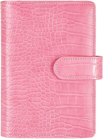 A6 6 Ring Budget Binder - Crocodile Pattern Leather Notebook Binder, Small Refillable Planner Cover with Magnetic Buckle, Pink