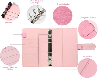 A6 6 Ring Budget Binder - Crocodile Pattern Leather Notebook Binder, Small Refillable Planner Cover with Magnetic Buckle, Pink