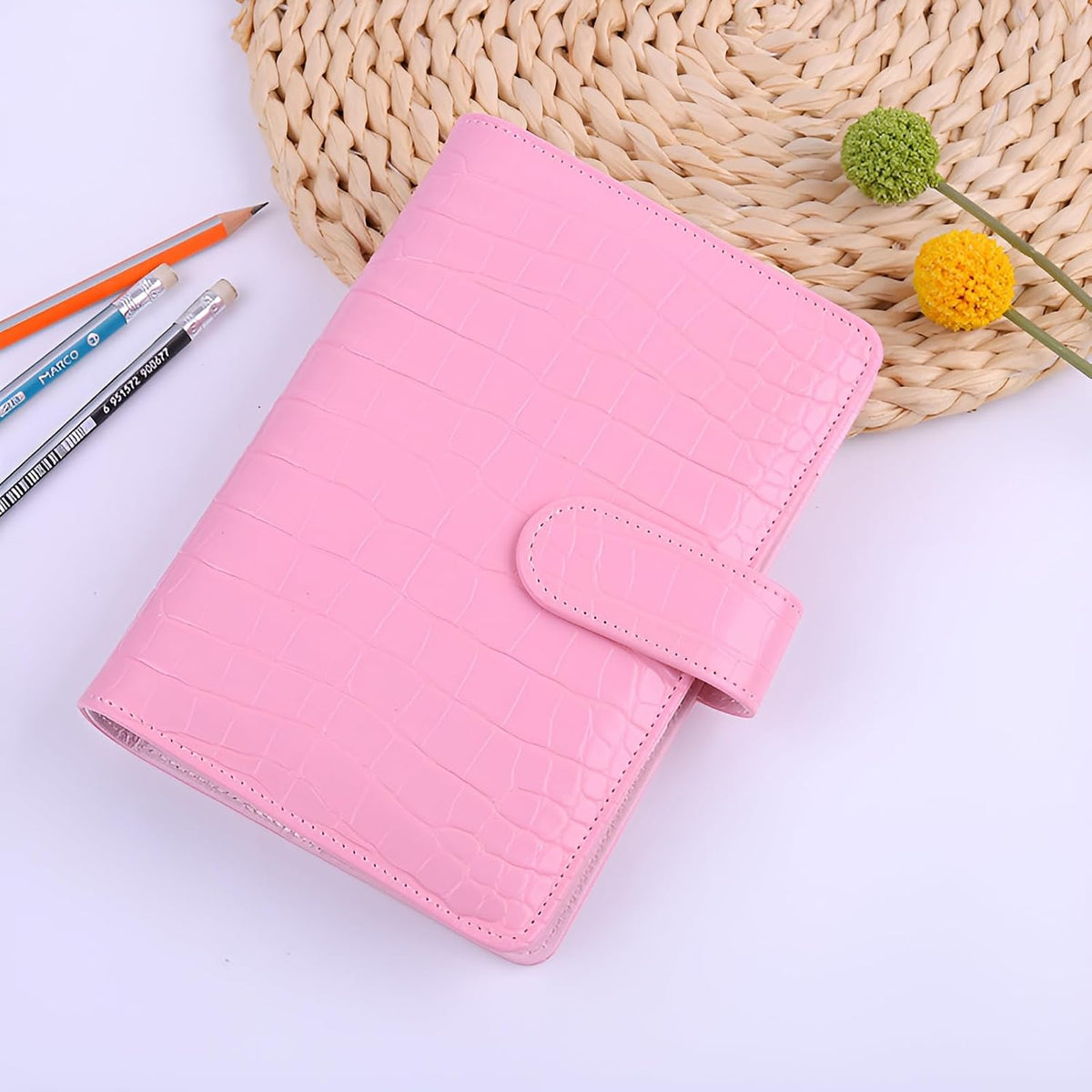 A6 6 Ring Budget Binder - Crocodile Pattern Leather Notebook Binder, Small Refillable Planner Cover with Magnetic Buckle, Pink