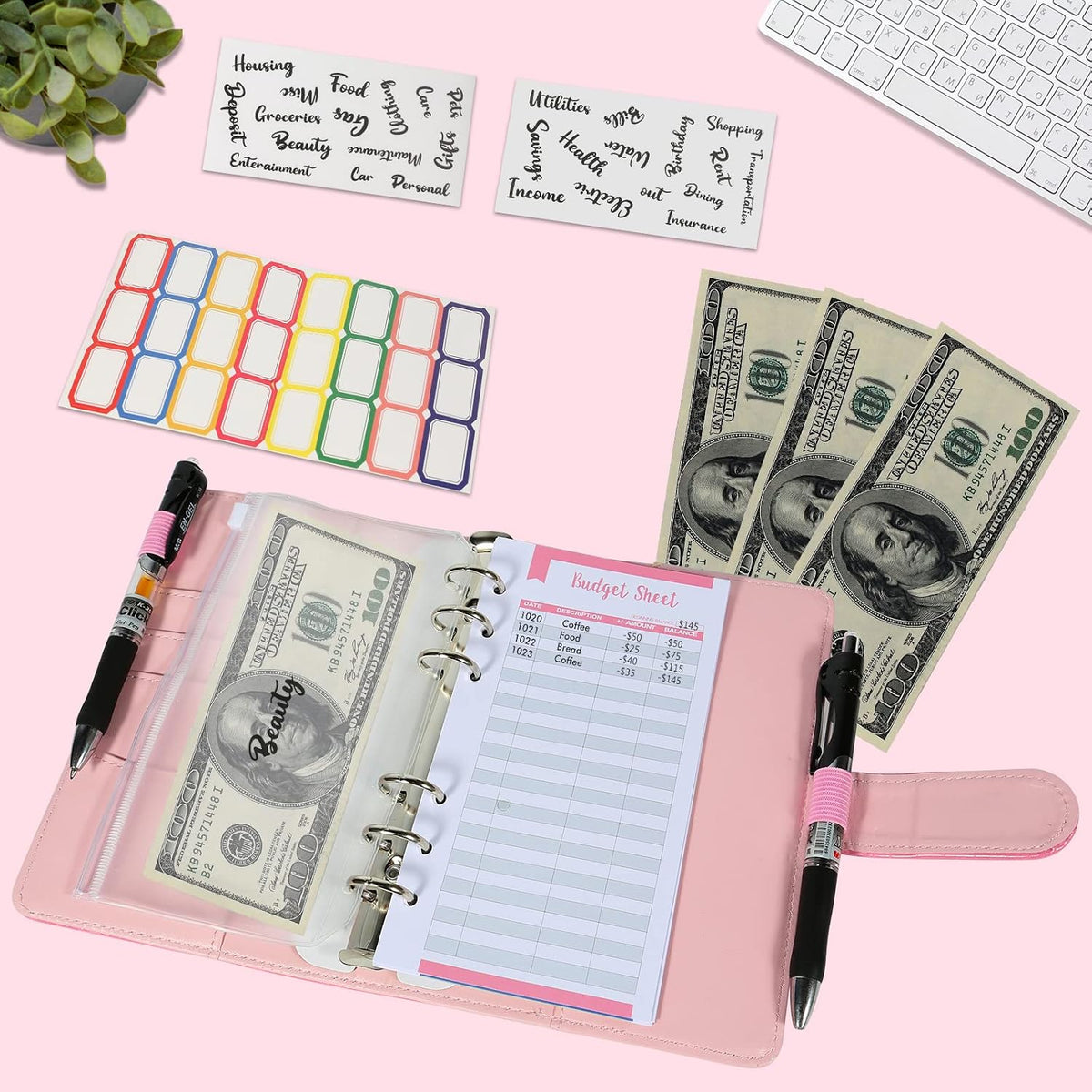 A6 6 Ring Budget Binder - Crocodile Pattern Leather Notebook Binder, Small Refillable Planner Cover with Magnetic Buckle, Pink