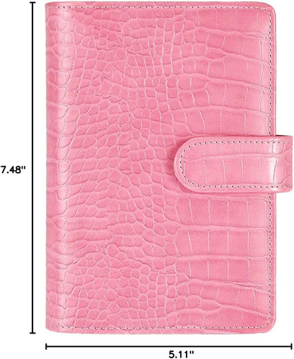 A6 6 Ring Budget Binder - Crocodile Pattern Leather Notebook Binder, Small Refillable Planner Cover with Magnetic Buckle, Pink