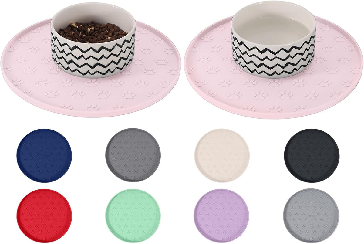 Waterproof Dog Food Mat - 2 Pack Silicone Pet Food Mat Dog Food Bowl Mats Cat Water Mats Eating Tray, Non-Slip Pet Placemat with Lip for Messy Drinkers to Protect Floor,Pink 11"×11"