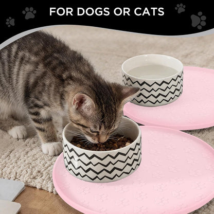 Waterproof Dog Food Mat - 2 Pack Silicone Pet Food Mat Dog Food Bowl Mats Cat Water Mats Eating Tray, Non-Slip Pet Placemat with Lip for Messy Drinkers to Protect Floor,Pink 11"×11"