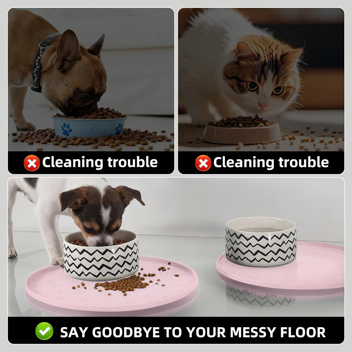 Waterproof Dog Food Mat - 2 Pack Silicone Pet Food Mat Dog Food Bowl Mats Cat Water Mats Eating Tray, Non-Slip Pet Placemat with Lip for Messy Drinkers to Protect Floor,Pink 11"×11"