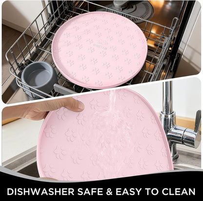 Waterproof Dog Food Mat - 2 Pack Silicone Pet Food Mat Dog Food Bowl Mats Cat Water Mats Eating Tray, Non-Slip Pet Placemat with Lip for Messy Drinkers to Protect Floor,Pink 11"×11"
