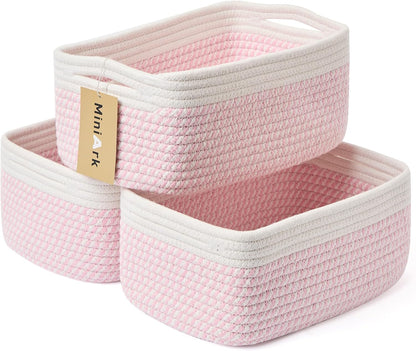 MiniArk Small Storage Baskets for Organizing | Closet Organizer Bins | Shelf Toy Basket | Woven Rope Baskets | Cube Decorative Box | Shallow Basket | 13x8.5x5.1” | 3 Packs White Pink