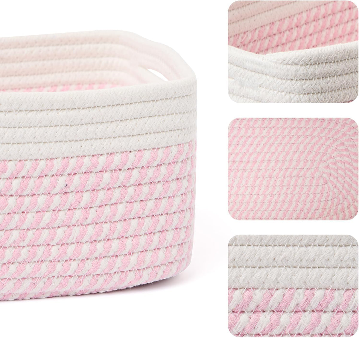 MiniArk Small Storage Baskets for Organizing | Closet Organizer Bins | Shelf Toy Basket | Woven Rope Baskets | Cube Decorative Box | Shallow Basket | 13x8.5x5.1” | 3 Packs White Pink