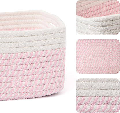MiniArk Small Storage Baskets for Organizing | Closet Organizer Bins | Shelf Toy Basket | Woven Rope Baskets | Cube Decorative Box | Shallow Basket | 13x8.5x5.1” | 3 Packs White Pink