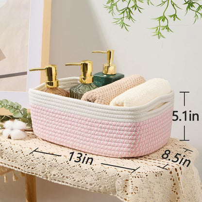 MiniArk Small Storage Baskets for Organizing | Closet Organizer Bins | Shelf Toy Basket | Woven Rope Baskets | Cube Decorative Box | Shallow Basket | 13x8.5x5.1” | 3 Packs White Pink