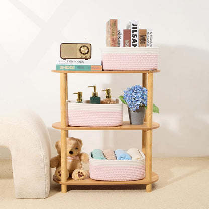 MiniArk Small Storage Baskets for Organizing | Closet Organizer Bins | Shelf Toy Basket | Woven Rope Baskets | Cube Decorative Box | Shallow Basket | 13x8.5x5.1” | 3 Packs White Pink
