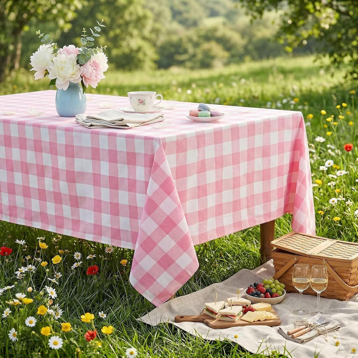 Pink Plaid Tablecloth Easter Checkered Tablecloth Fabric Pink and White