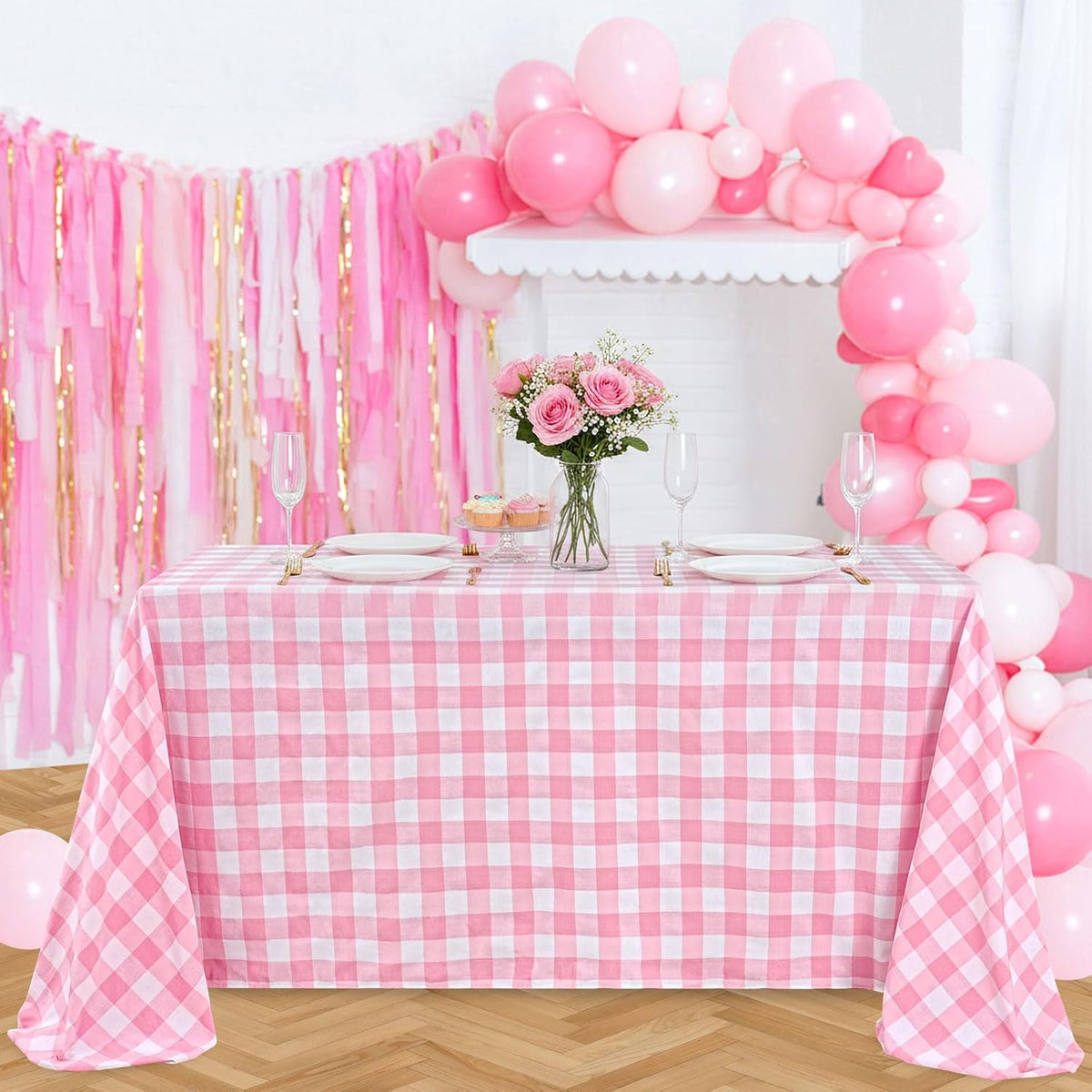 Pink Plaid Tablecloth Easter Checkered Tablecloth Fabric Pink and White