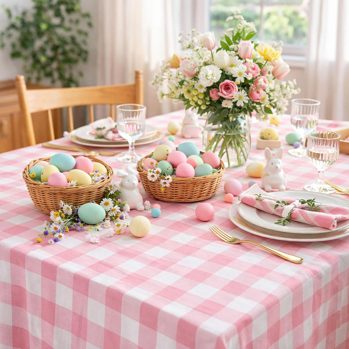 Pink Plaid Tablecloth Easter Checkered Tablecloth Fabric Pink and White
