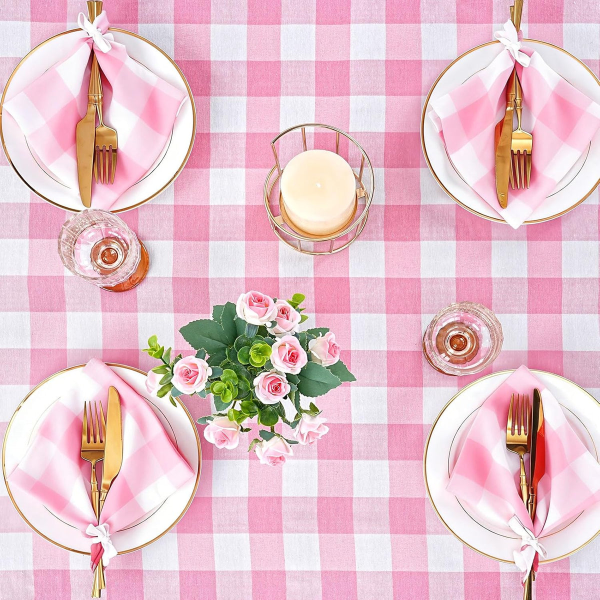 Pink Plaid Tablecloth Easter Checkered Tablecloth Fabric Pink and White