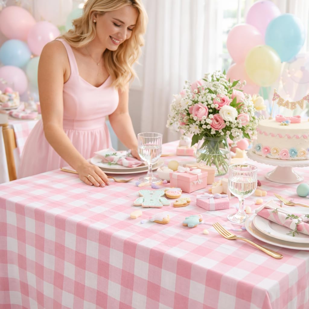 Pink Plaid Tablecloth Easter Checkered Tablecloth Fabric Pink and White