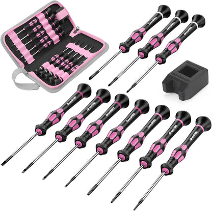 10-Piece Precision Screwdriver Set, Magnetic Small Screwdrivers with Phillips, Slotted, Torx Star for Eyeglass, Watch, Computer, Laptop, Phone,Pink