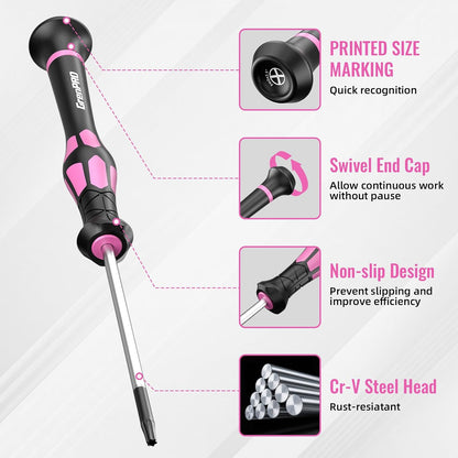 10-Piece Precision Screwdriver Set, Magnetic Small Screwdrivers with Phillips, Slotted, Torx Star for Eyeglass, Watch, Computer, Laptop, Phone,Pink