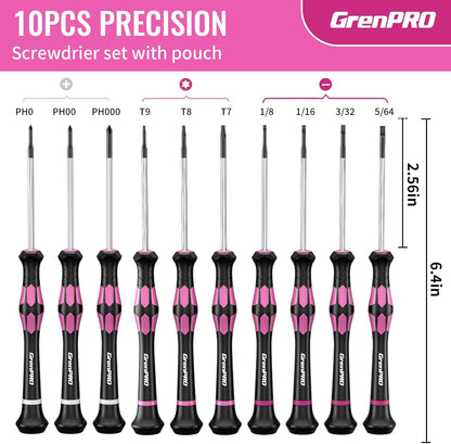 10-Piece Precision Screwdriver Set, Magnetic Small Screwdrivers with Phillips, Slotted, Torx Star for Eyeglass, Watch, Computer, Laptop, Phone,Pink