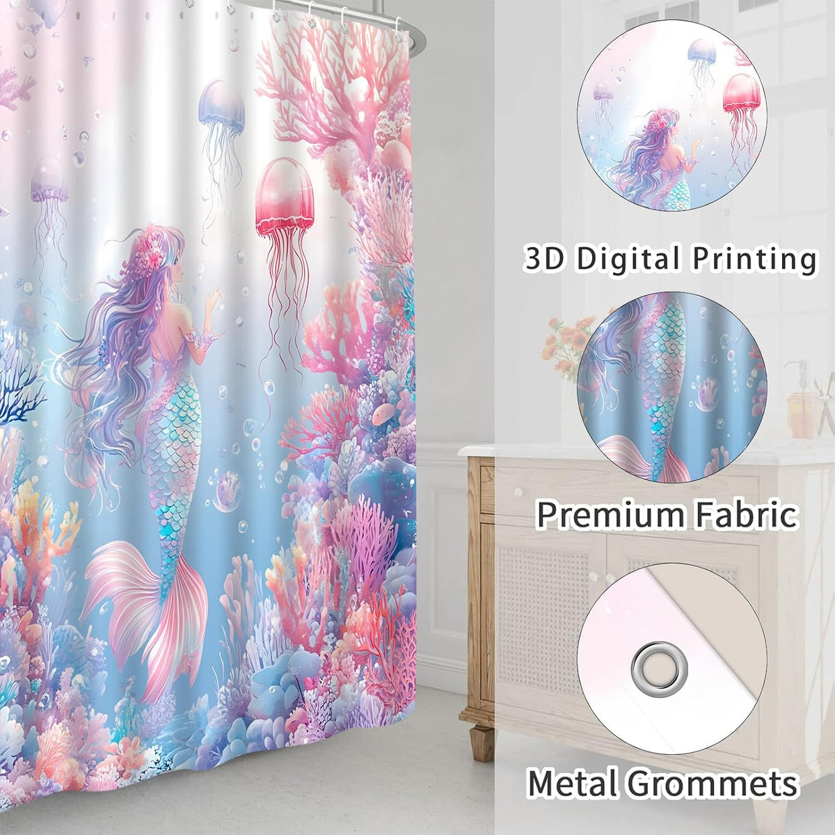 Pink Mermaid Shower Curtain Ocean Coral Reef Fish Seashell Jellyfish Watercolor Mermaid Tail Under The Sea Blue Nautical Coastal Underwater Bath Curtains with Hook,70x70 Inch