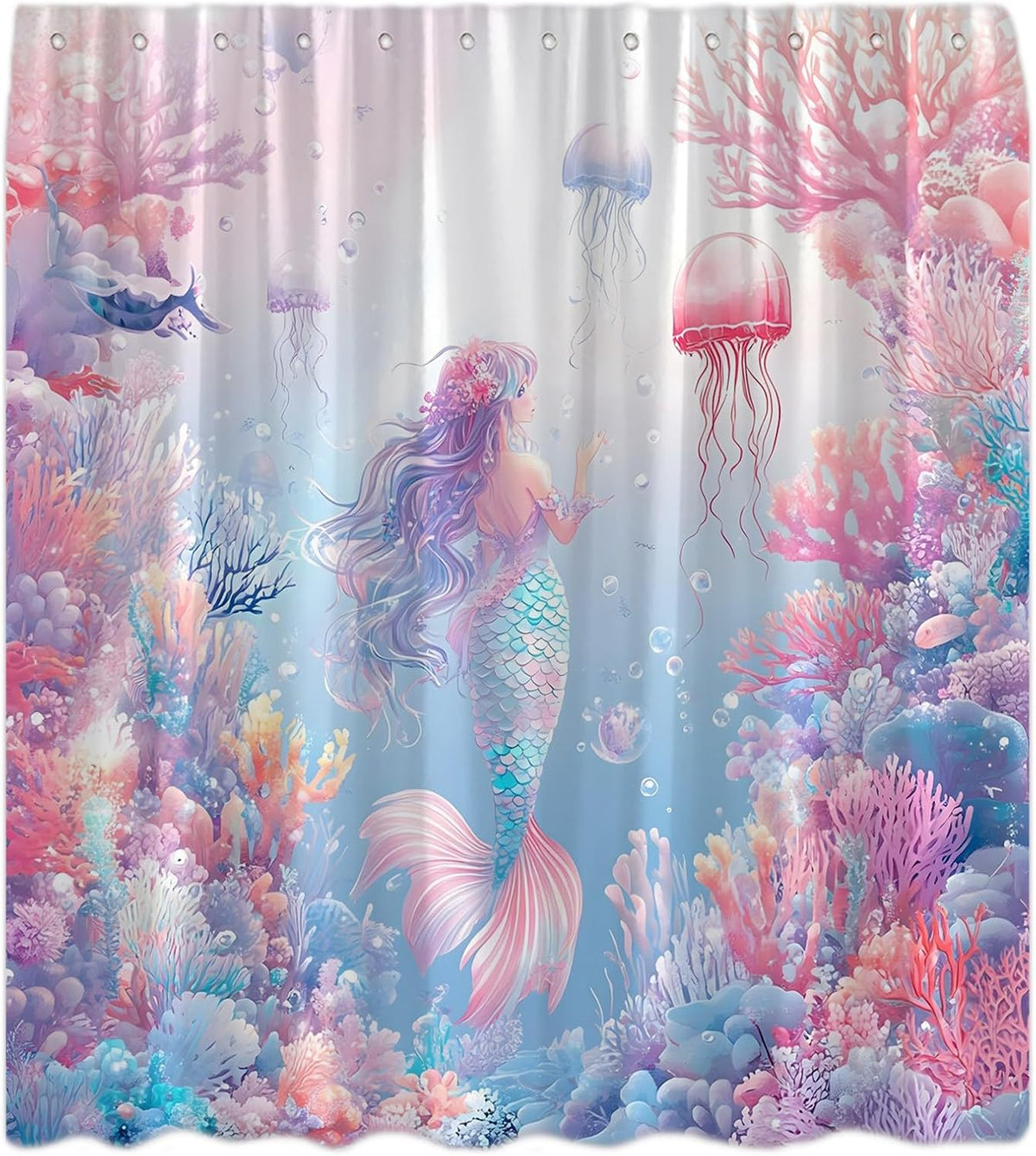 Pink Mermaid Shower Curtain Ocean Coral Reef Fish Seashell Jellyfish Watercolor Mermaid Tail Under The Sea Blue Nautical Coastal Underwater Bath Curtains with Hook,70x70 Inch