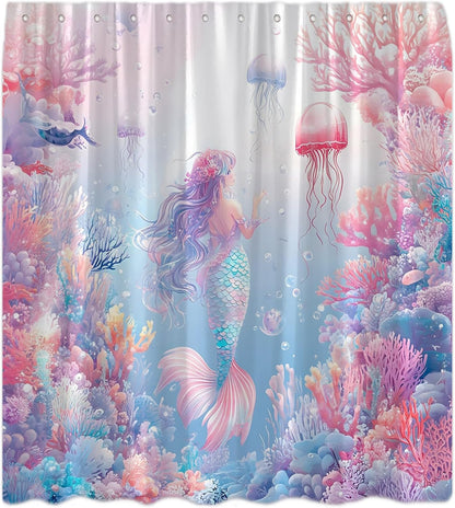 Pink Mermaid Shower Curtain Ocean Coral Reef Fish Seashell Jellyfish Watercolor Mermaid Tail Under The Sea Blue Nautical Coastal Underwater Bath Curtains with Hook,70x70 Inch