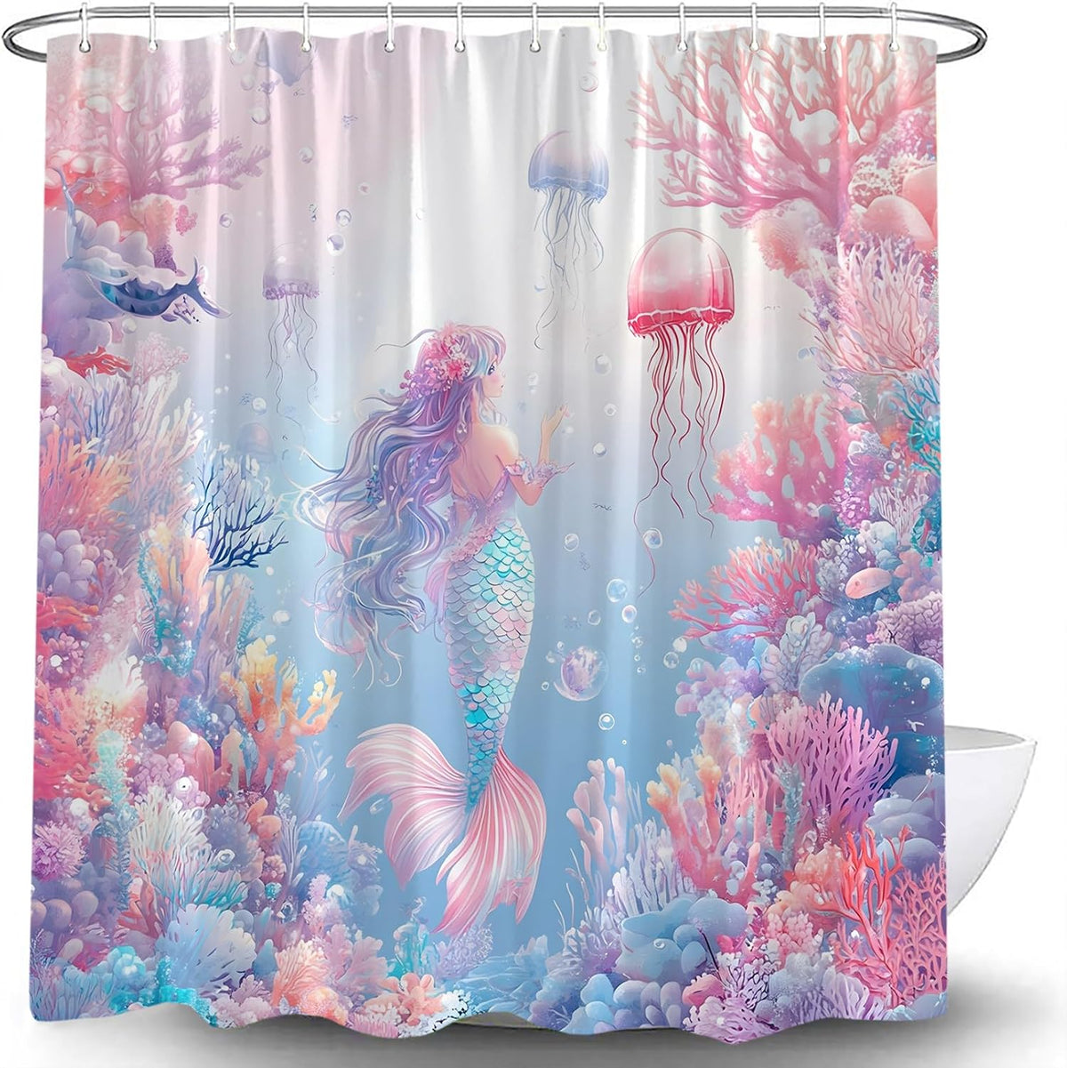 Pink Mermaid Shower Curtain Ocean Coral Reef Fish Seashell Jellyfish Watercolor Mermaid Tail Under The Sea Blue Nautical Coastal Underwater Bath Curtains with Hook,70x70 Inch