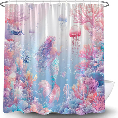 Pink Mermaid Shower Curtain Ocean Coral Reef Fish Seashell Jellyfish Watercolor Mermaid Tail Under The Sea Blue Nautical Coastal Underwater Bath Curtains with Hook,70x70 Inch