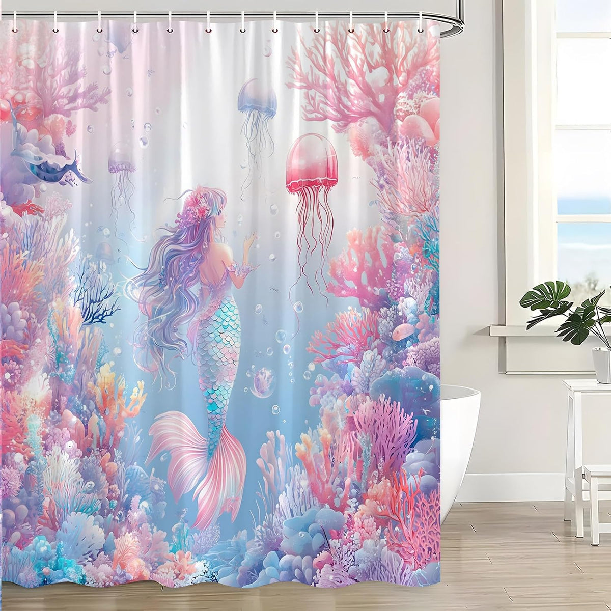 Pink Mermaid Shower Curtain Ocean Coral Reef Fish Seashell Jellyfish Watercolor Mermaid Tail Under The Sea Blue Nautical Coastal Underwater Bath Curtains with Hook,70x70 Inch