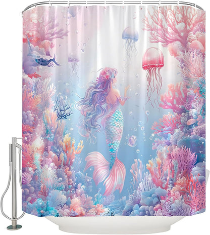 Pink Mermaid Shower Curtain Ocean Coral Reef Fish Seashell Jellyfish Watercolor Mermaid Tail Under The Sea Blue Nautical Coastal Underwater Bath Curtains with Hook,70x70 Inch