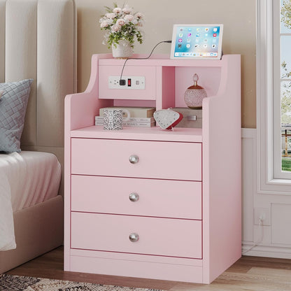 Nightstand with Charging Station, Pink Night Stands with Hutch, 3 Drawers Bedroom End Table Bedside Table with 2 USB Ports & 2 Outlets