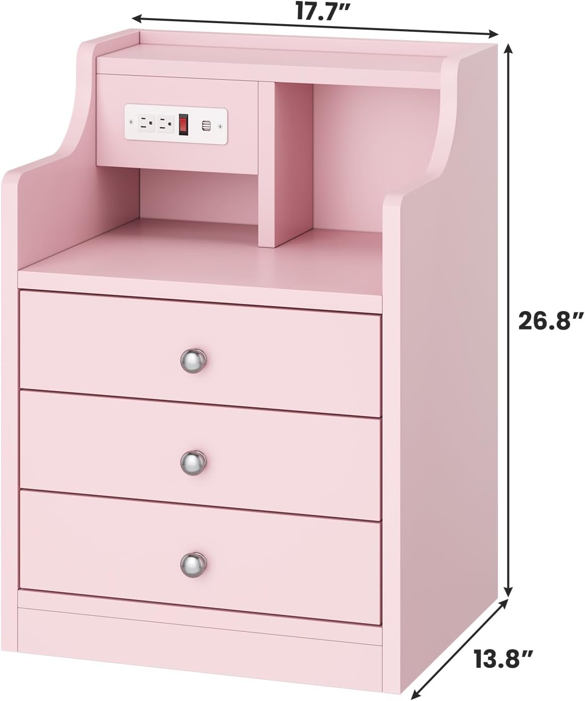 Nightstand with Charging Station, Pink Night Stands with Hutch, 3 Drawers Bedroom End Table Bedside Table with 2 USB Ports & 2 Outlets