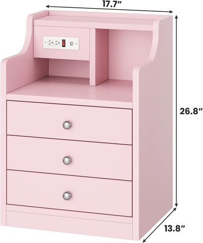 Nightstand with Charging Station, Pink Night Stands with Hutch, 3 Drawers Bedroom End Table Bedside Table with 2 USB Ports & 2 Outlets