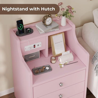 Nightstand with Charging Station, Pink Night Stands with Hutch, 3 Drawers Bedroom End Table Bedside Table with 2 USB Ports & 2 Outlets