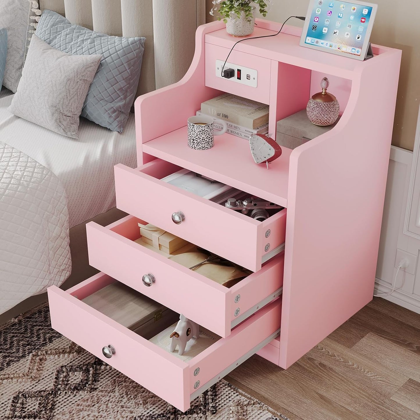 Nightstand with Charging Station, Pink Night Stands with Hutch, 3 Drawers Bedroom End Table Bedside Table with 2 USB Ports & 2 Outlets