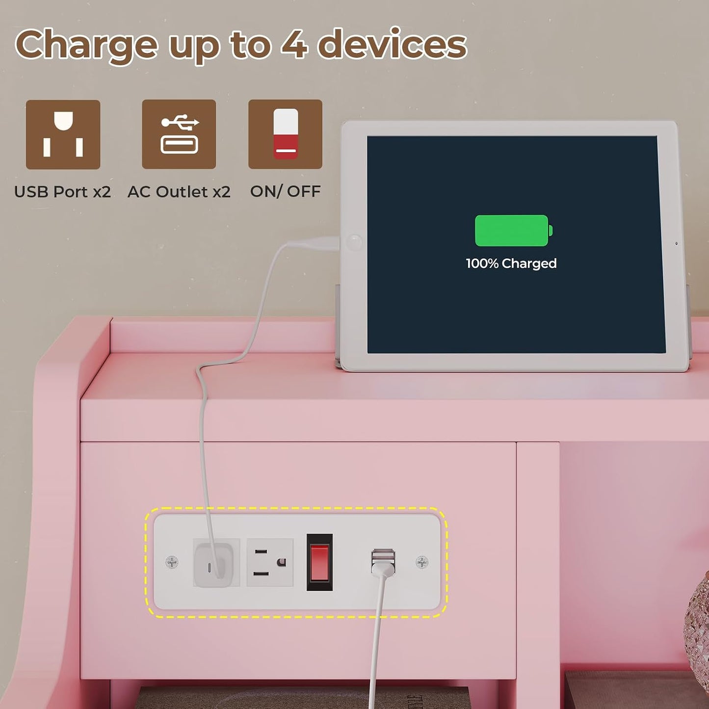Nightstand with Charging Station, Pink Night Stands with Hutch, 3 Drawers Bedroom End Table Bedside Table with 2 USB Ports & 2 Outlets