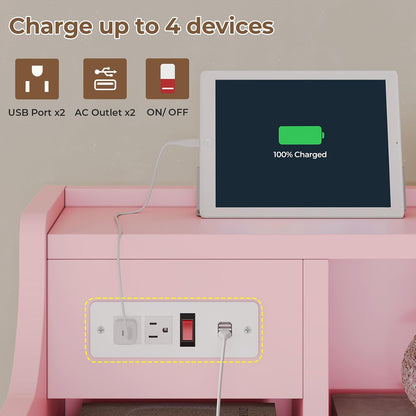 Nightstand with Charging Station, Pink Night Stands with Hutch, 3 Drawers Bedroom End Table Bedside Table with 2 USB Ports & 2 Outlets
