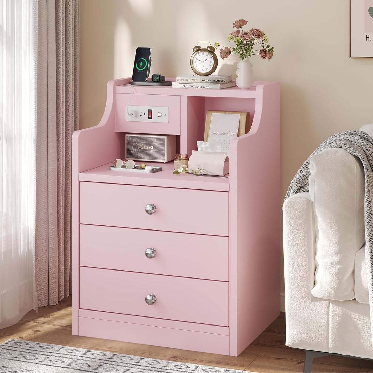 Nightstand with Charging Station, Pink Night Stands with Hutch, 3 Drawers Bedroom End Table Bedside Table with 2 USB Ports & 2 Outlets