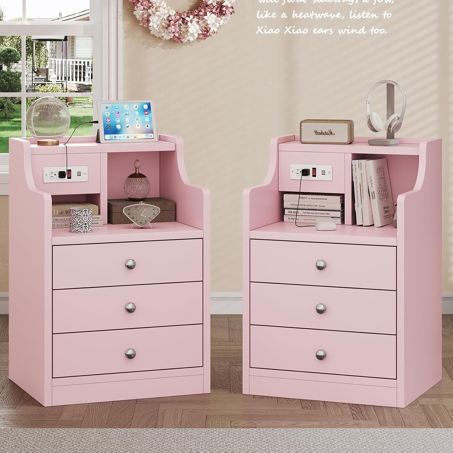 Nightstand with Charging Station, Pink Night Stands with Hutch, 3 Drawers Bedroom End Table Bedside Table with 2 USB Ports & 2 Outlets