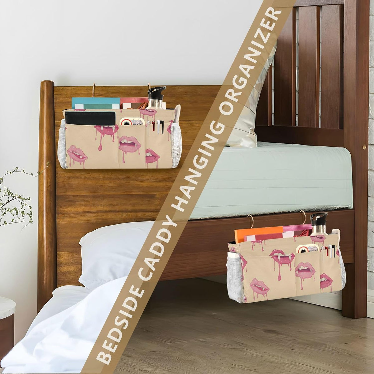 Pink Lips Bedside Caddy Bedside Organizer Bedside Storage Caddy College Dorm Bed Accessories