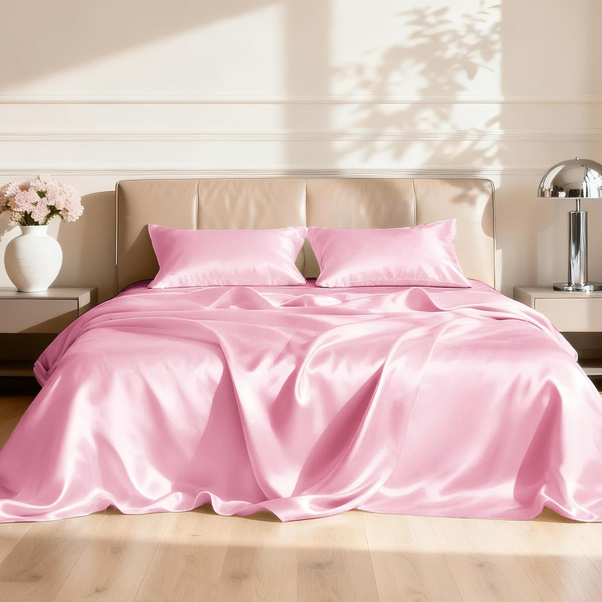 Satin Full Sheets Set, 4 Pieces, Pink, 15" Deep Pocket