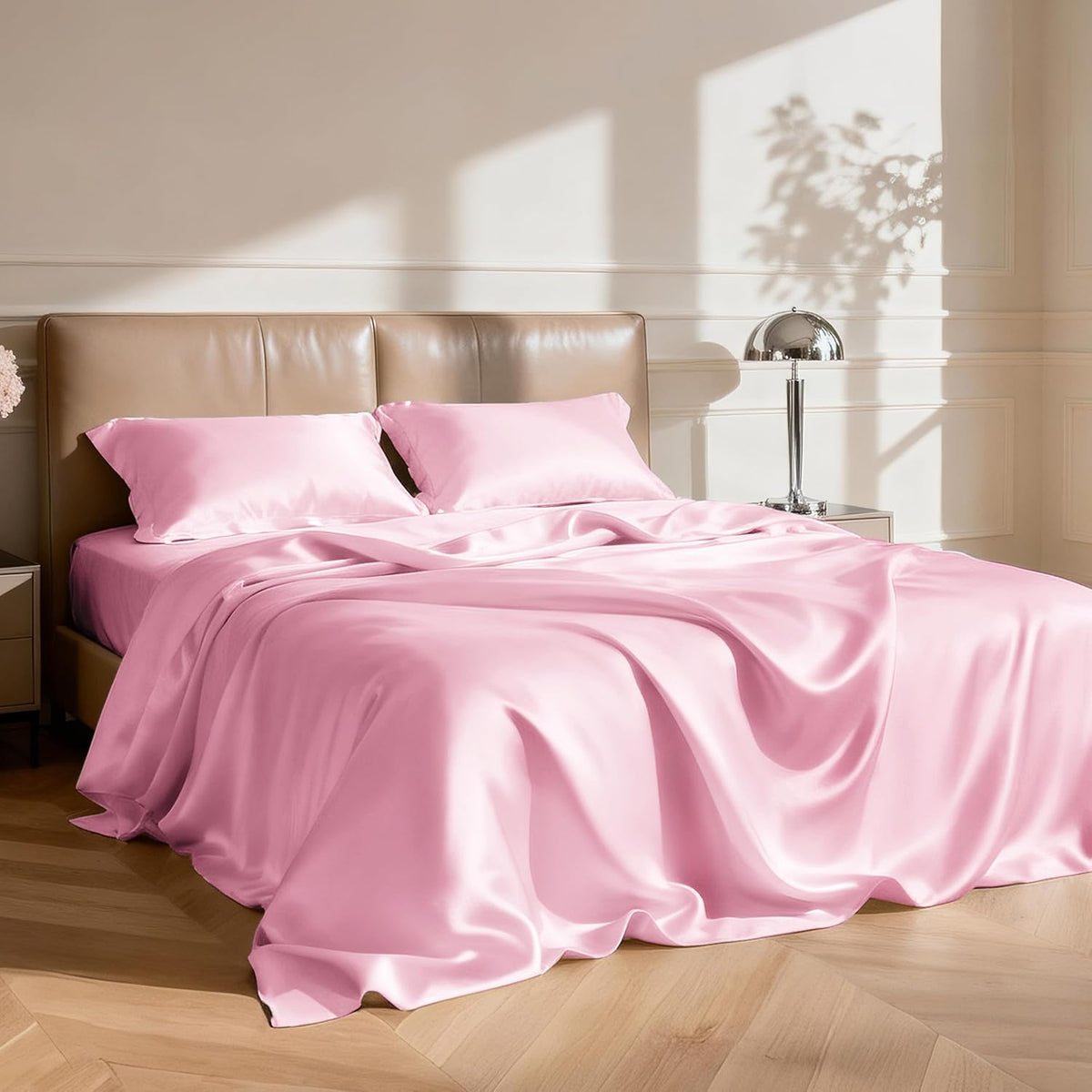Satin Full Sheets Set, 4 Pieces, Pink, 15" Deep Pocket